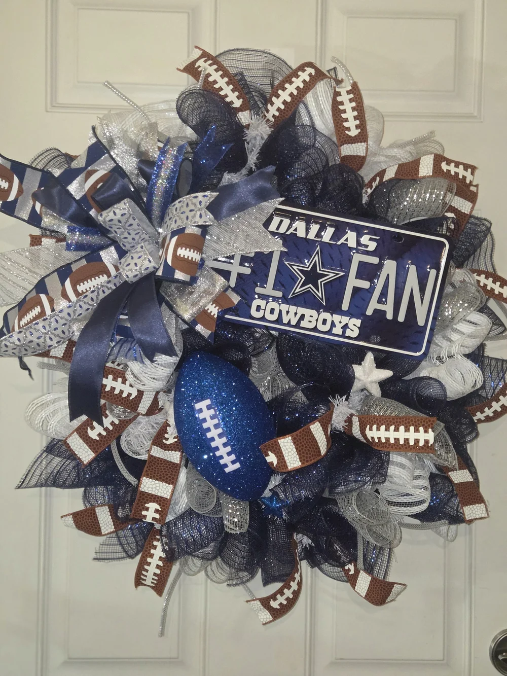 NFL Dallas Cowboys Navy Blue, Silver & Brown Football Fan Wreath